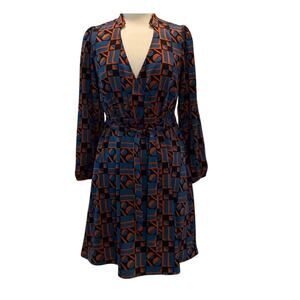 Women's Traffic People Blue Brown Geometic Print Dress Tie Belt Size Small
